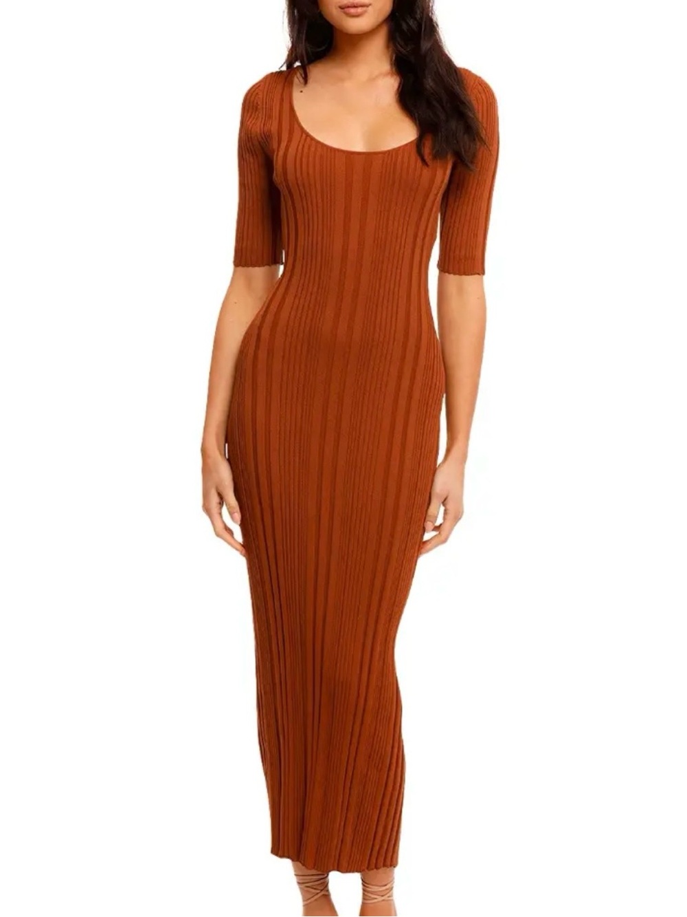 Bec & Bridge Ribbed Scoop-Neck Maxi Dress in Rust Brown
